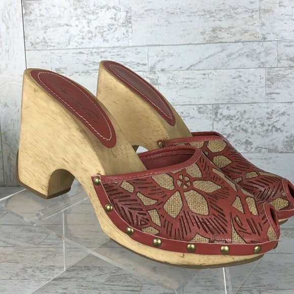 Kenneth Cole Womens Wooden Peep Toe Heels Platform Size 8 "Rare" Red/Burgandy‎ - Picture 5 of 12